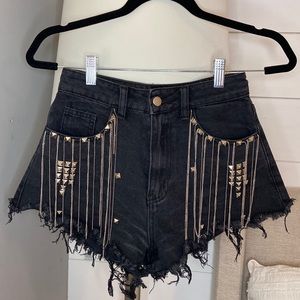 Chain detail studded denim shorts